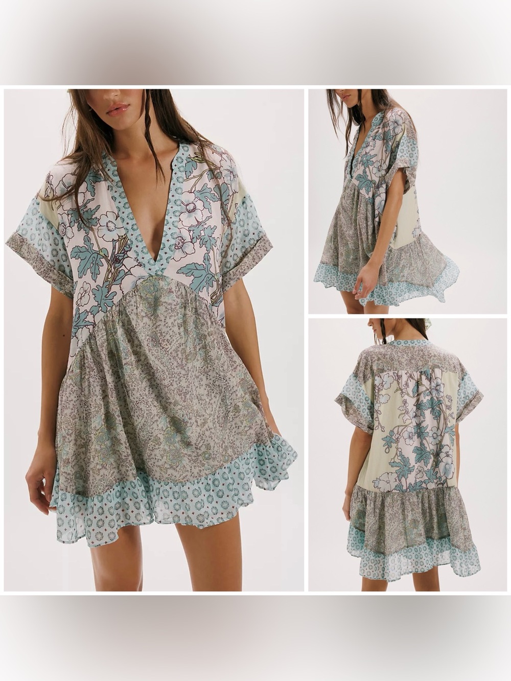 NWOT Free People Agnes Printed Mini Dress - sage combo blue green - Medium